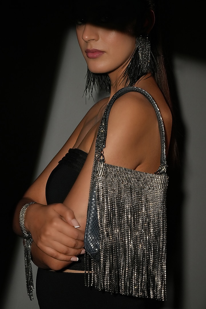 Black Faux Leather Crystal Embroidered Nano Fringe Bag by Bijoux By Priya Chandna at Pernia's Pop Up Shop