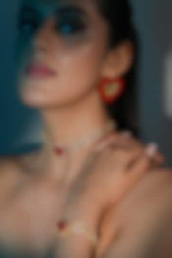 Gold Finish Red Crystal Enameled Heart Bracelet by Bijoux By Priya Chandna at Pernia's Pop Up Shop