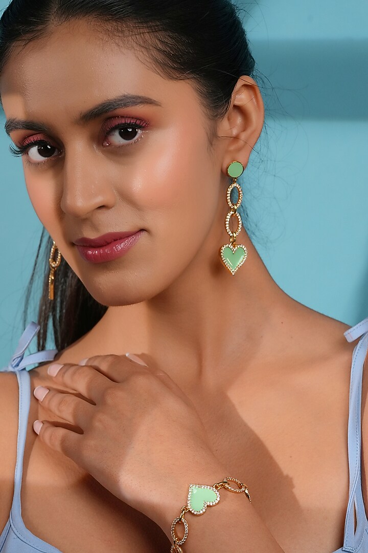 Gold Finish Crystal Enameled Heart Link Bracelet by Bijoux By Priya Chandna at Pernia's Pop Up Shop