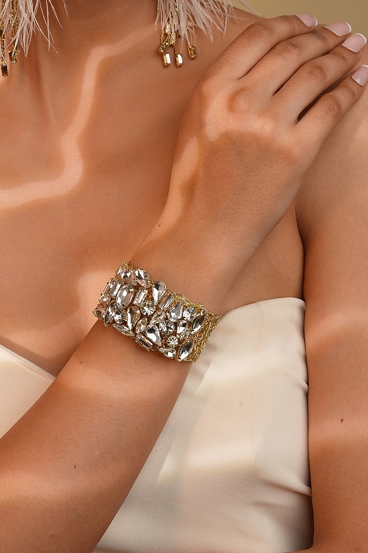 Gold Finish Crystal Mesh Bracelet by Bijoux By Priya Chandna at Pernia's Pop Up Shop
