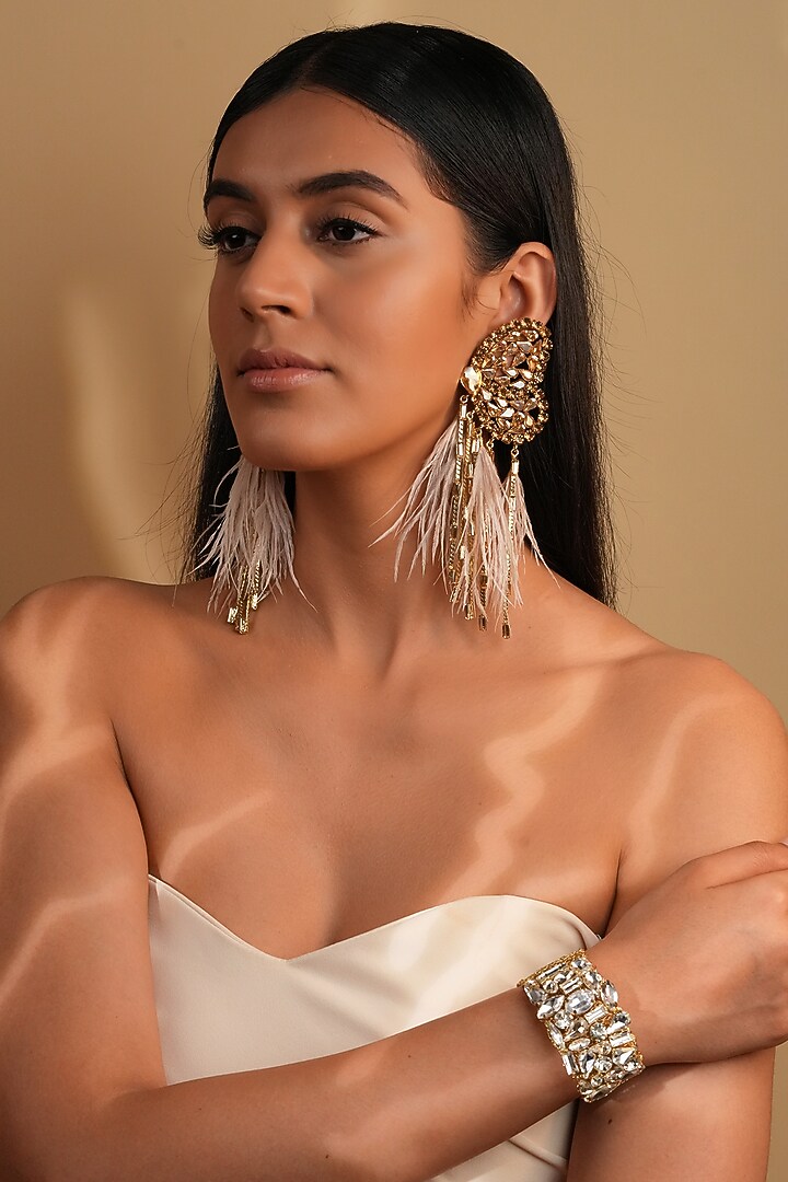 Gold Finish Crystal Mesh Bracelet by Bijoux By Priya Chandna at Pernia's Pop Up Shop