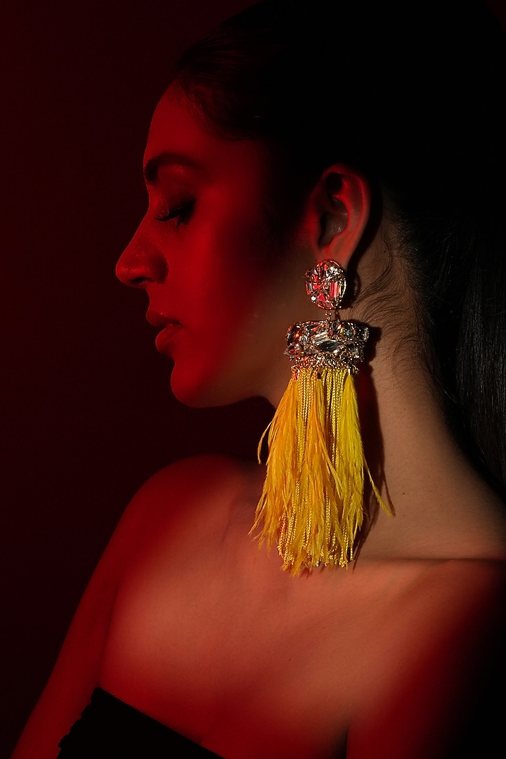 Gold Finish Yellow Feather & Crystal Dangler Earrings by Bijoux By Priya Chandna at Pernia's Pop Up Shop