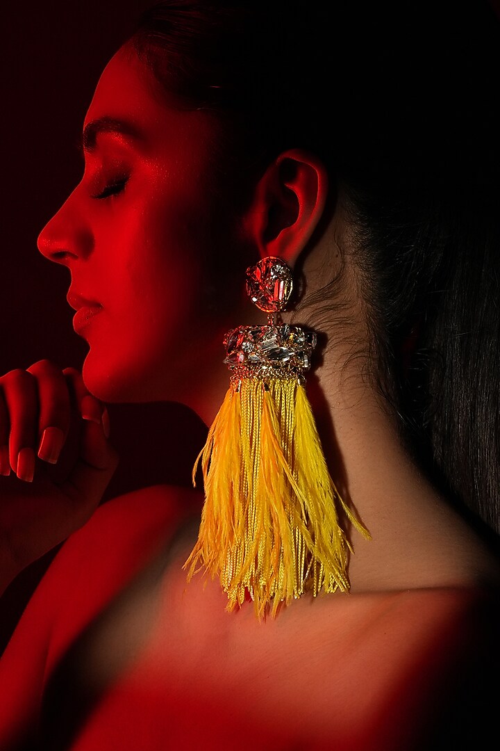 Gold Finish Yellow Feather & Crystal Dangler Earrings by Bijoux By Priya Chandna at Pernia's Pop Up Shop