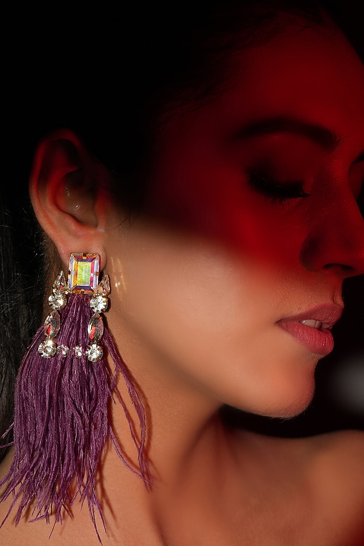 Gold Finish Purple Feather & Crystal Dangler Earrings by Bijoux By Priya Chandna at Pernia's Pop Up Shop