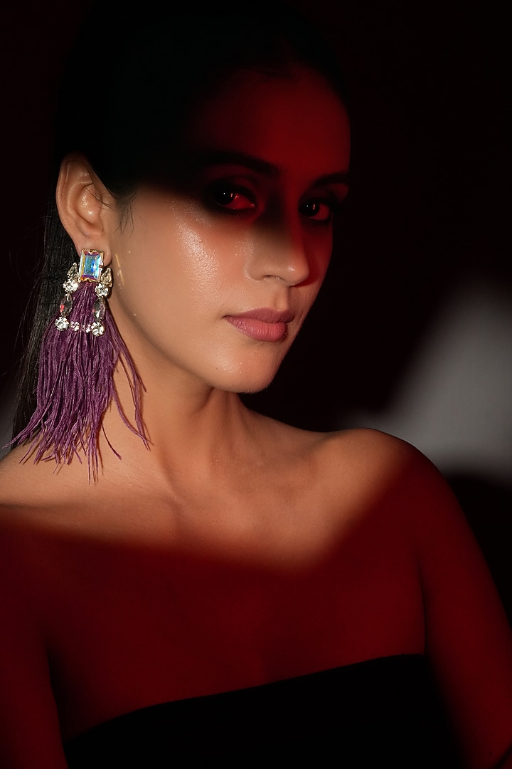 Gold Finish Purple Feather & Crystal Dangler Earrings by Bijoux By Priya Chandna at Pernia's Pop Up Shop