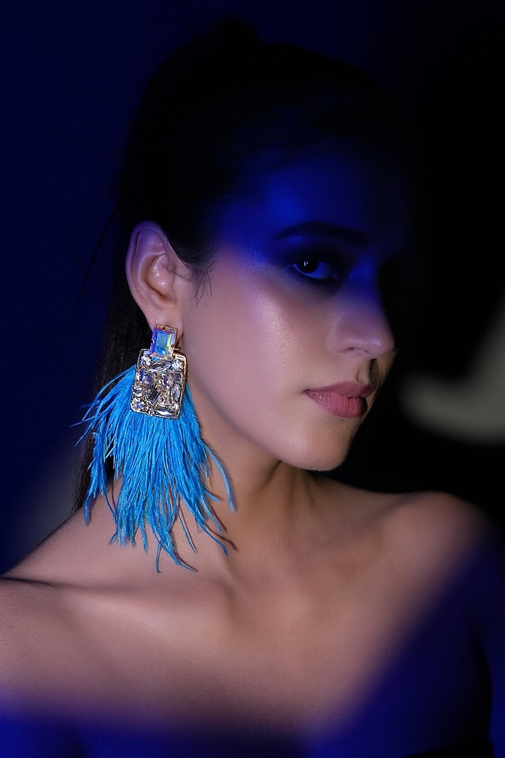 Gold Finish Blue Feather & Crystal Dangler Earrings by Bijoux By Priya Chandna at Pernia's Pop Up Shop