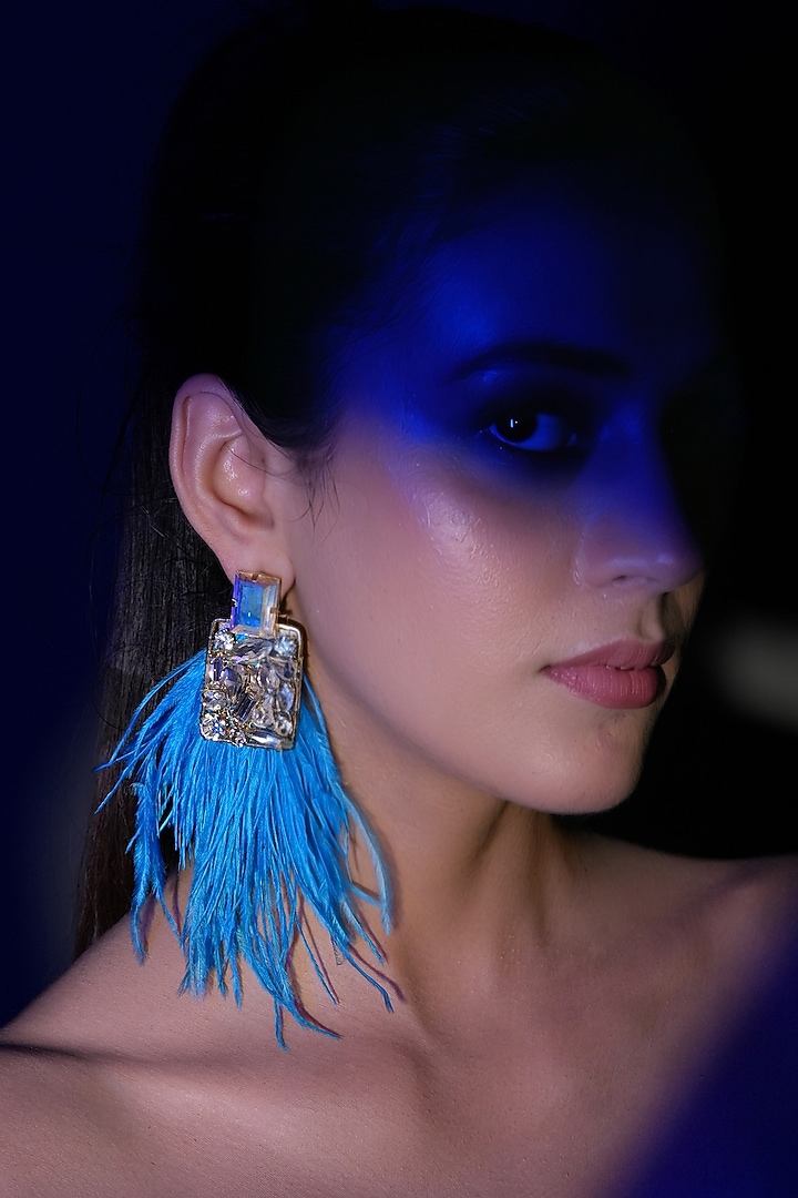 Gold Finish Blue Feather & Crystal Dangler Earrings by Bijoux By Priya Chandna at Pernia's Pop Up Shop