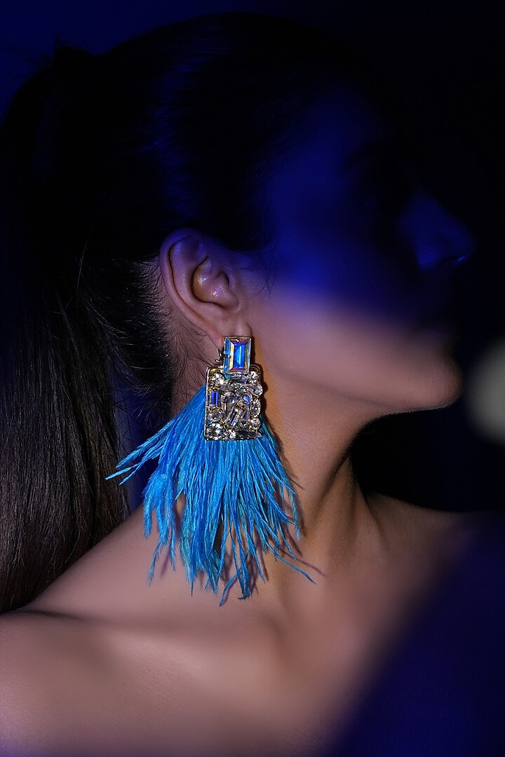 Gold Finish Blue Feather & Crystal Dangler Earrings by Bijoux By Priya Chandna at Pernia's Pop Up Shop