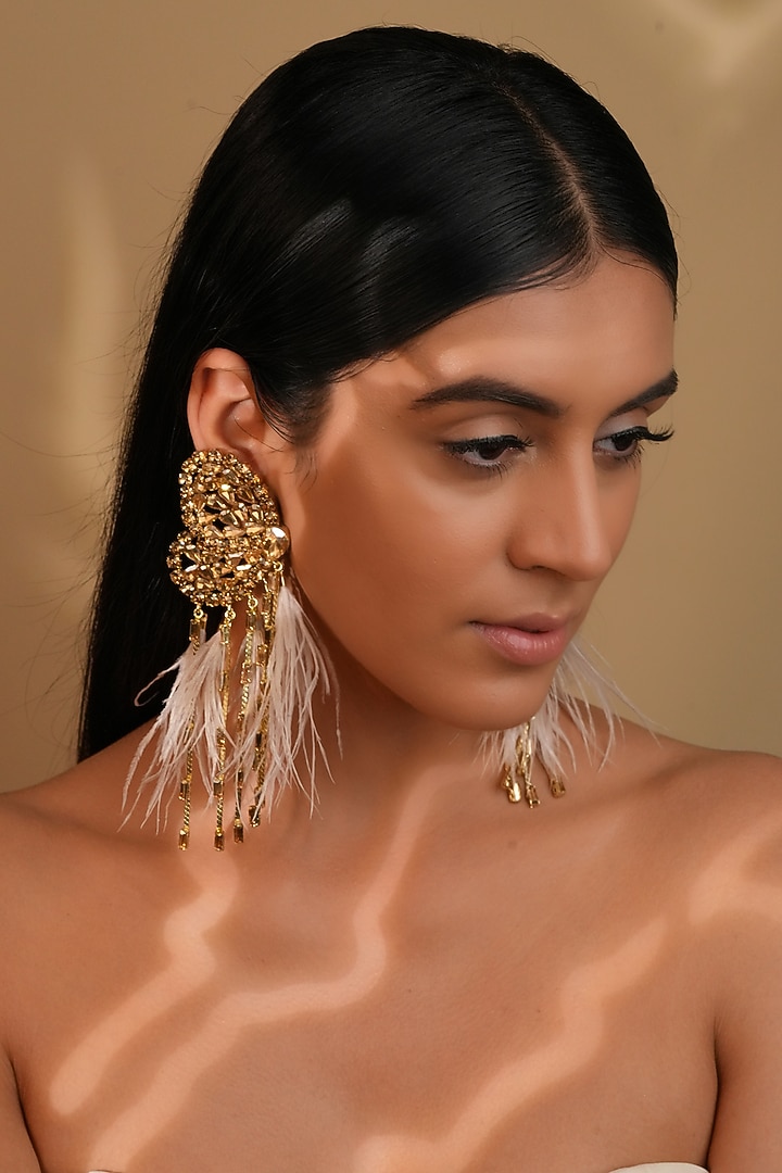 Gold Finish Nude Feather & Crystal Dangler Earrings by Bijoux By Priya Chandna at Pernia's Pop Up Shop