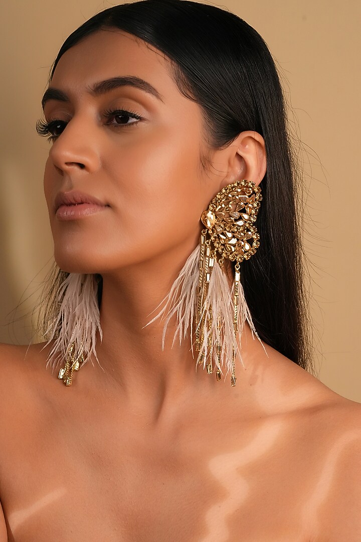 Gold Finish Nude Feather & Crystal Dangler Earrings by Bijoux By Priya Chandna at Pernia's Pop Up Shop