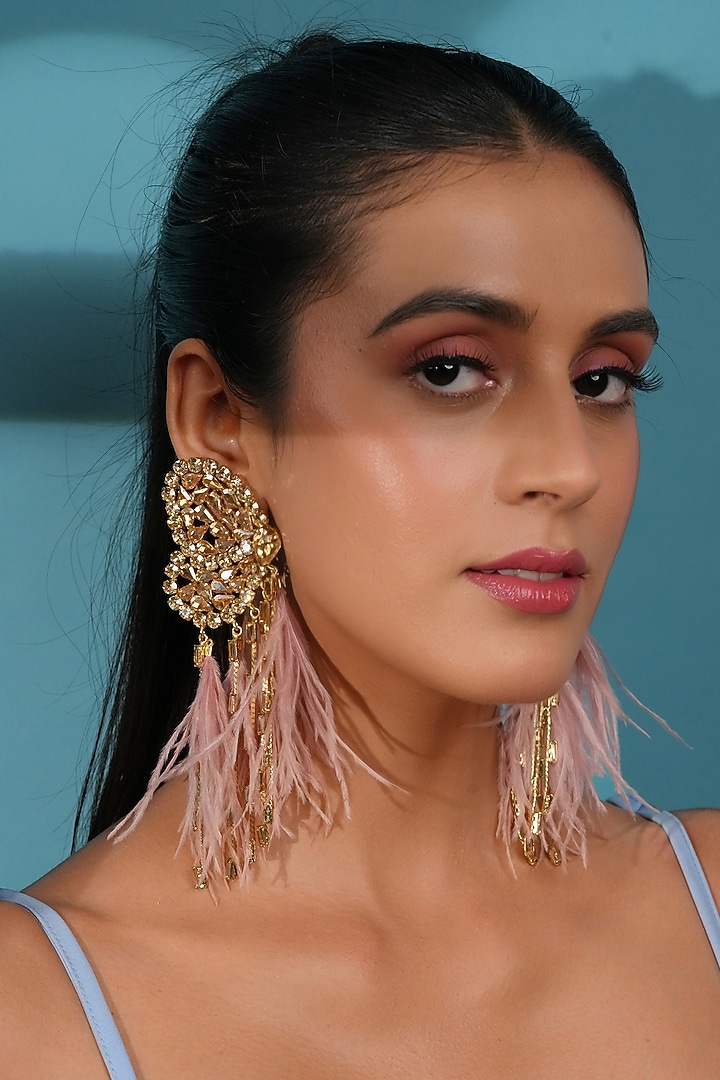 Gold Finish Peach Feather & Crystal Dangler Earrings by Bijoux By Priya Chandna at Pernia's Pop Up Shop