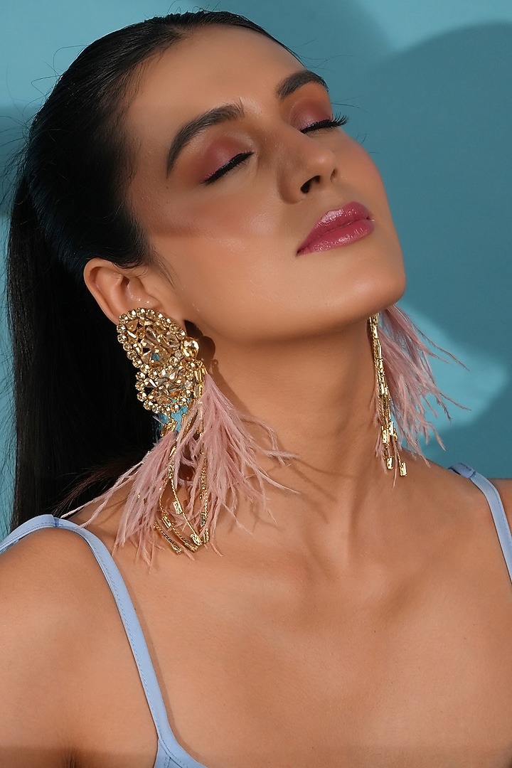 Gold Finish Peach Feather & Crystal Dangler Earrings by Bijoux By Priya Chandna at Pernia's Pop Up Shop