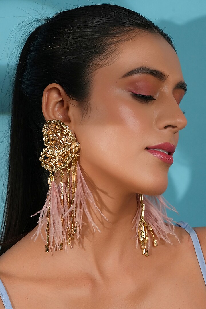 Gold Finish Peach Feather & Crystal Dangler Earrings by Bijoux By Priya Chandna at Pernia's Pop Up Shop