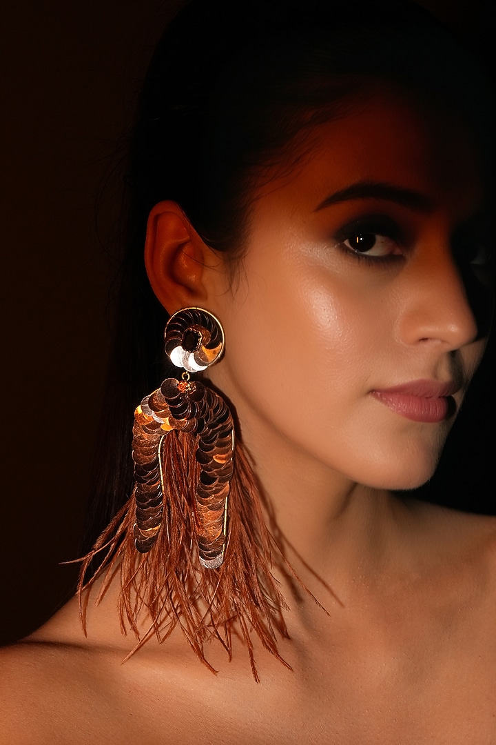 Gold Finish Brown Feather & Sequins Dangler Earrings by Bijoux By Priya Chandna at Pernia's Pop Up Shop