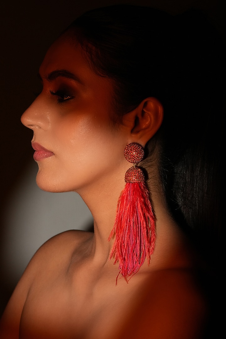 Gold Finish Red Feather & Crystal Dangler Earrings by Bijoux By Priya Chandna at Pernia's Pop Up Shop