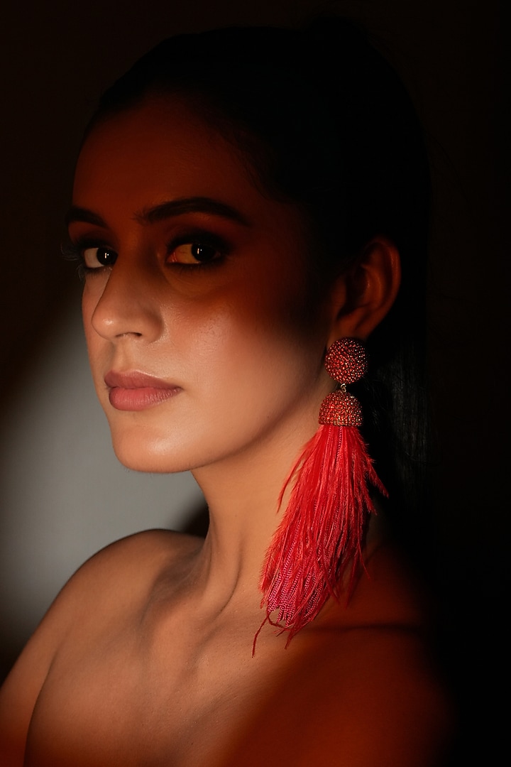 Gold Finish Red Feather & Crystal Dangler Earrings by Bijoux By Priya Chandna at Pernia's Pop Up Shop