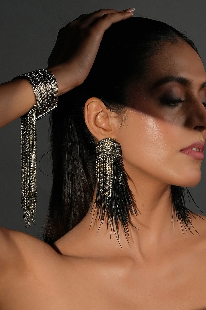 Gunmetal Finish Black Feather & Crystal Dangler Earrings by Bijoux By Priya Chandna at Pernia's Pop Up Shop