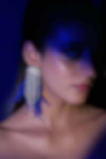 Silver Finish Blue Feather & Crystal Dangler Earrings by Bijoux By Priya Chandna at Pernia's Pop Up Shop