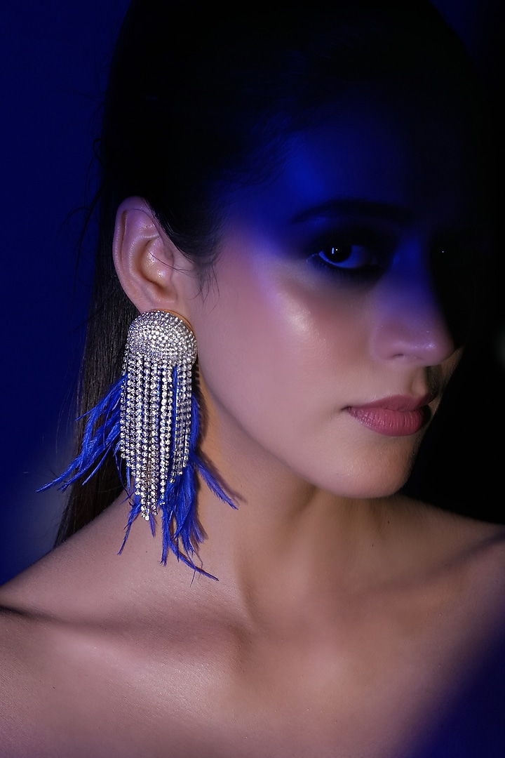 Silver Finish Blue Feather & Crystal Dangler Earrings by Bijoux By Priya Chandna at Pernia's Pop Up Shop