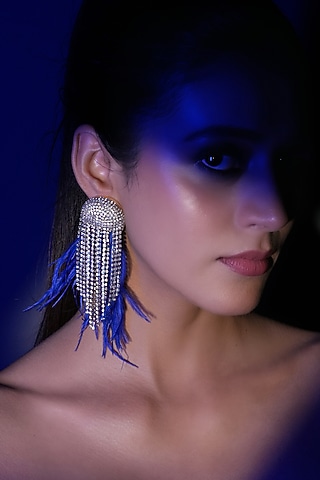 Silver Finish Blue Feather & Crystal Dangler Earrings by Bijoux By Priya Chandna