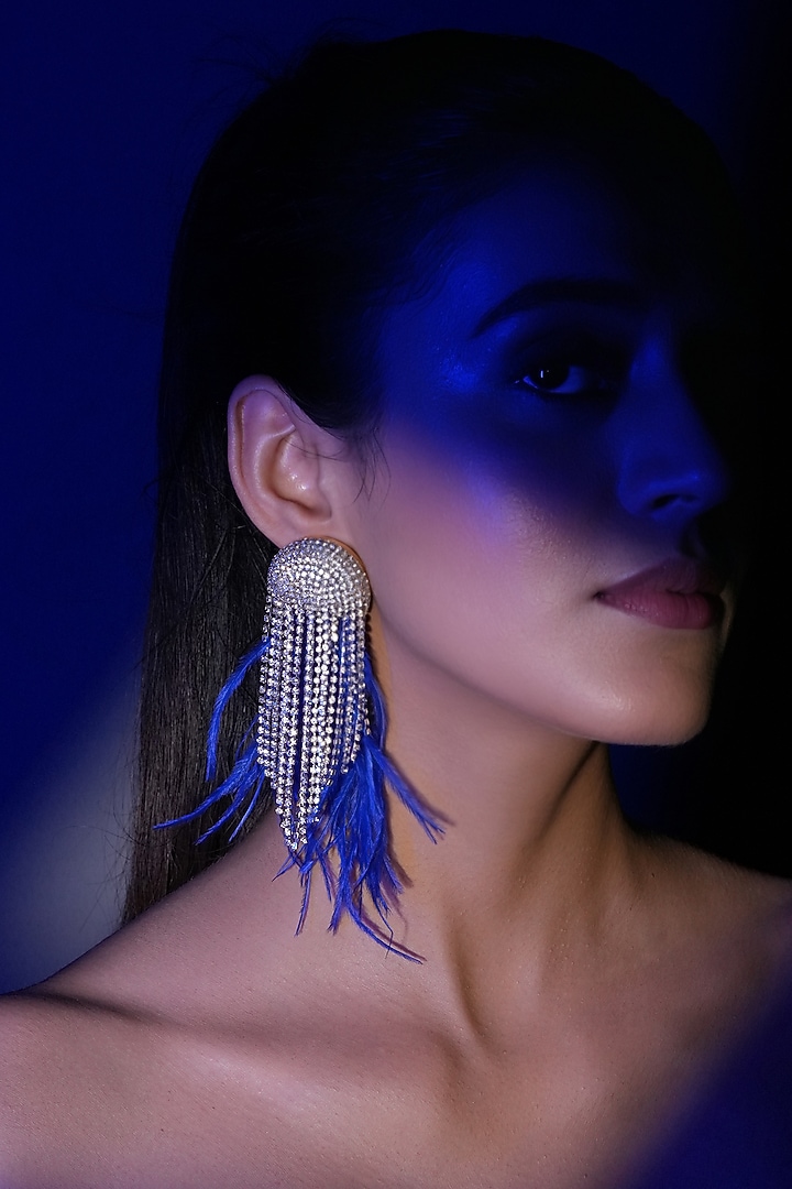 Silver Finish Blue Feather & Crystal Dangler Earrings by Bijoux By Priya Chandna at Pernia's Pop Up Shop