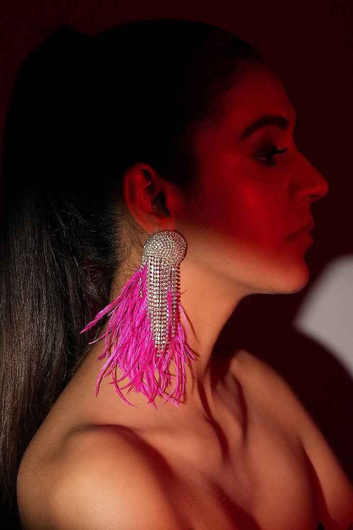 Silver Finish Pink Feather & Crystal Dangler Earrings by Bijoux By Priya Chandna at Pernia's Pop Up Shop