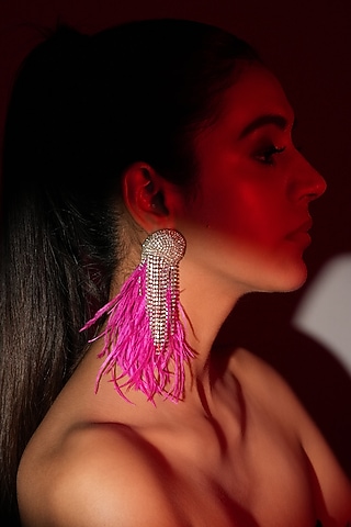 Silver Finish Pink Feather & Crystal Dangler Earrings by Bijoux By Priya Chandna