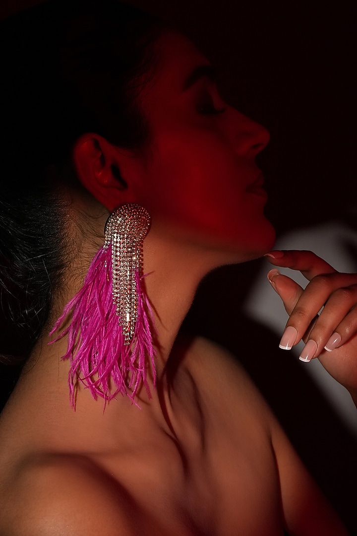 Silver Finish Pink Feather & Crystal Dangler Earrings by Bijoux By Priya Chandna at Pernia's Pop Up Shop