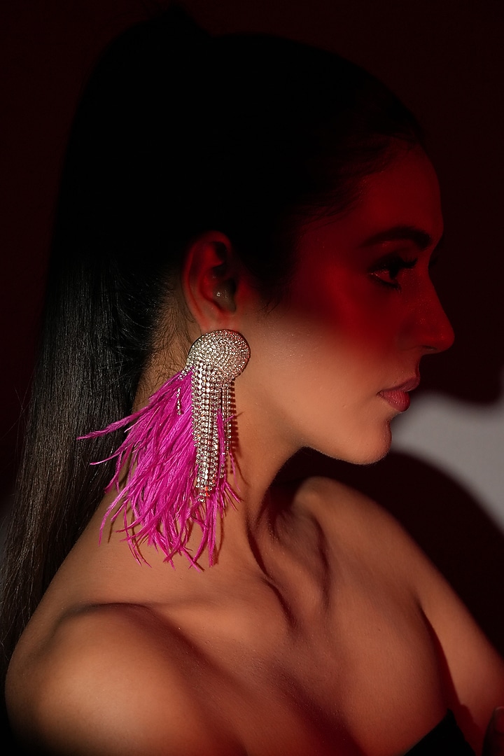Silver Finish Pink Feather & Crystal Dangler Earrings by Bijoux By Priya Chandna at Pernia's Pop Up Shop