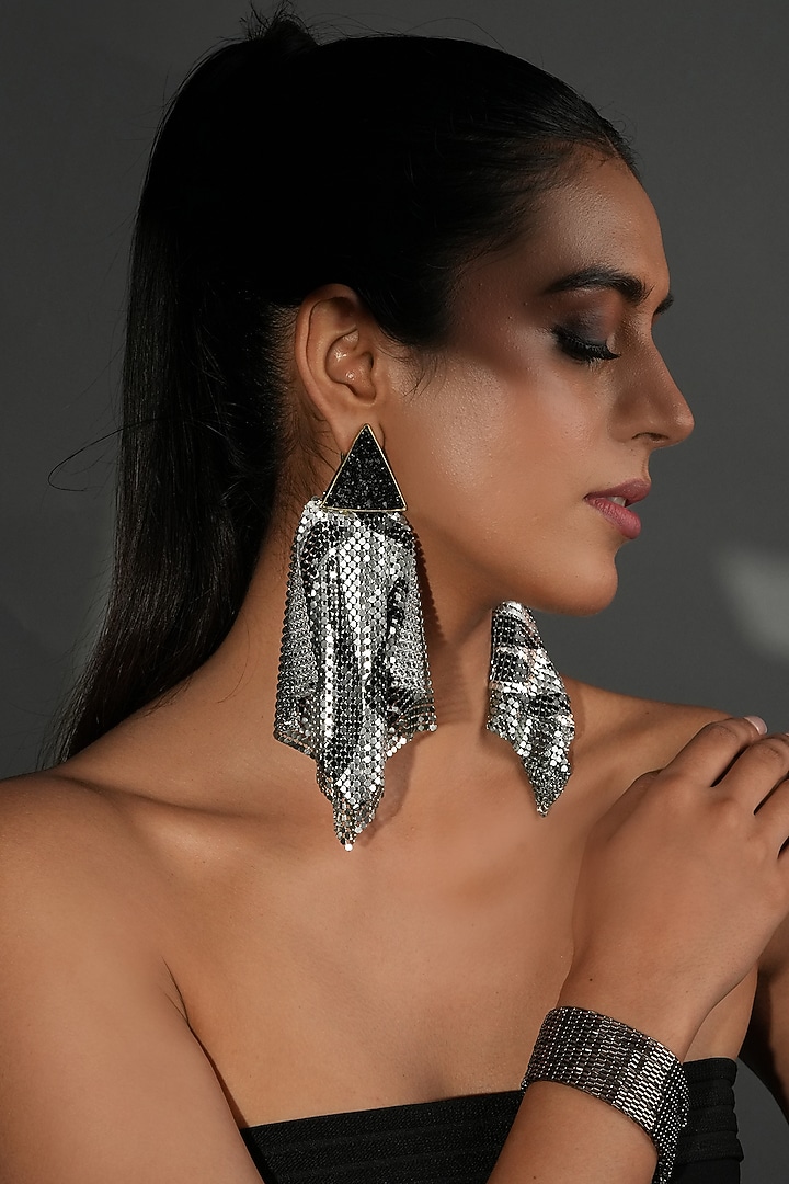 Gunmetal Finish Black Crystal Mesh Ripple Dangler Earrings by Bijoux By Priya Chandna at Pernia's Pop Up Shop