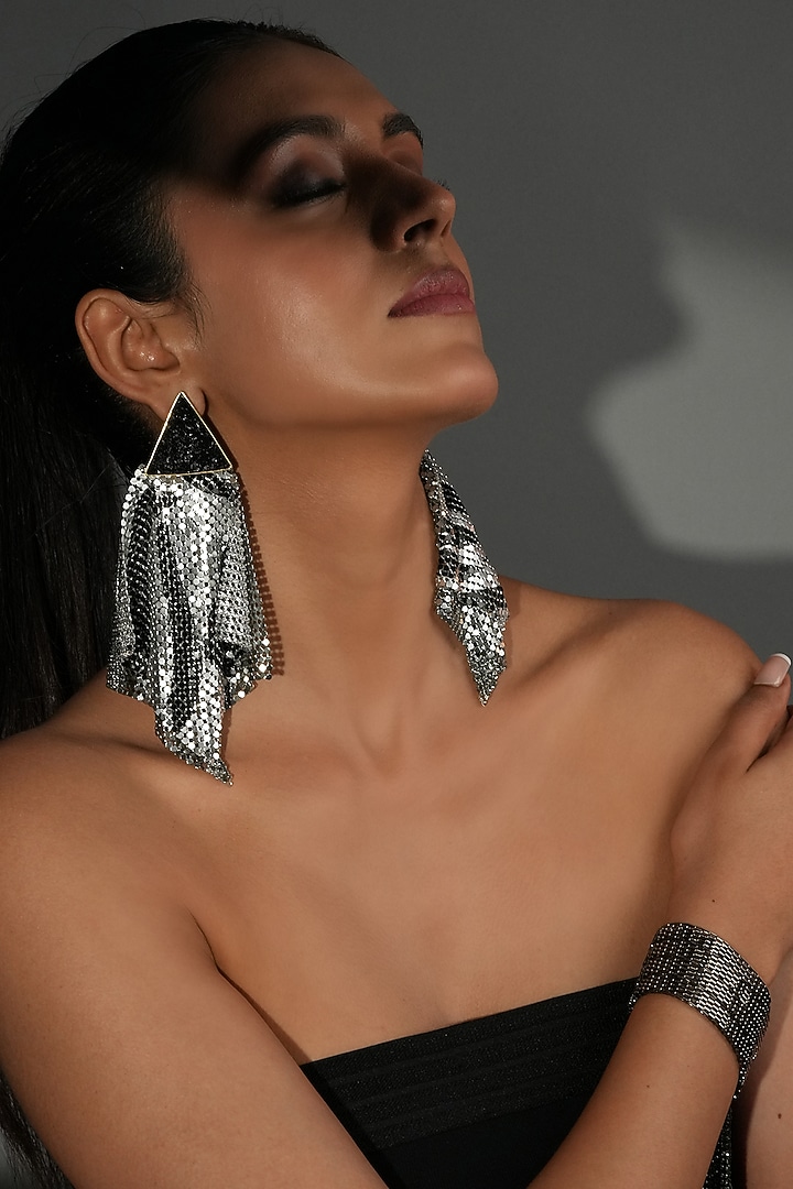 Gunmetal Finish Black Crystal Mesh Ripple Dangler Earrings by Bijoux By Priya Chandna at Pernia's Pop Up Shop
