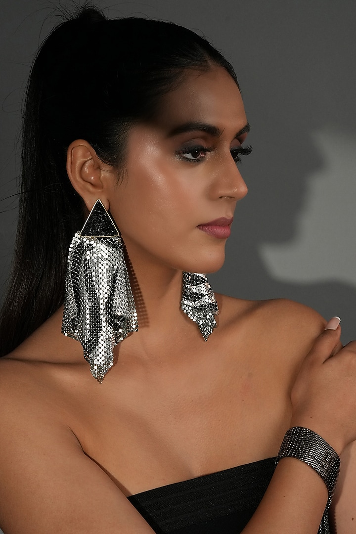 Gunmetal Finish Black Crystal Mesh Ripple Dangler Earrings by Bijoux By Priya Chandna at Pernia's Pop Up Shop