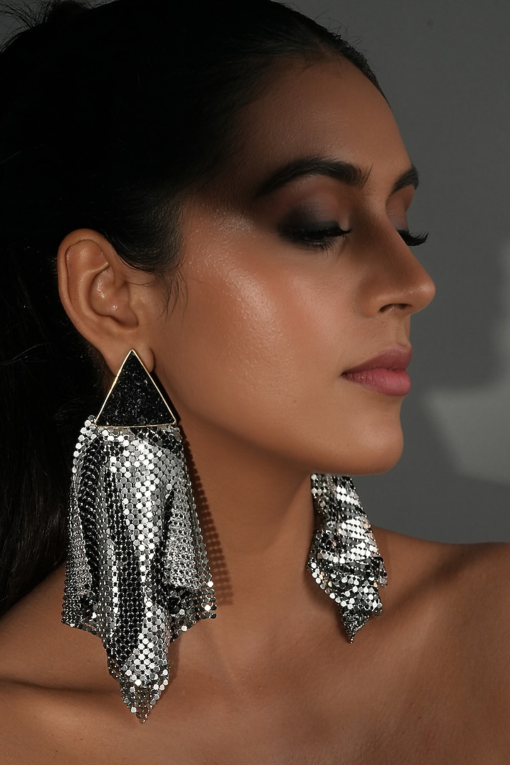 Gunmetal Finish Black Crystal Mesh Ripple Dangler Earrings by Bijoux By Priya Chandna at Pernia's Pop Up Shop