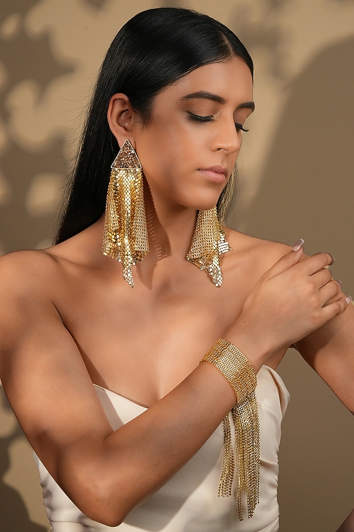Gold Finish Crystal Mesh Tassel Dangler Earrings by Bijoux By Priya Chandna at Pernia's Pop Up Shop