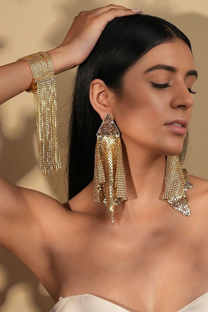 Gold Finish Crystal Mesh Tassel Dangler Earrings by Bijoux By Priya Chandna at Pernia's Pop Up Shop