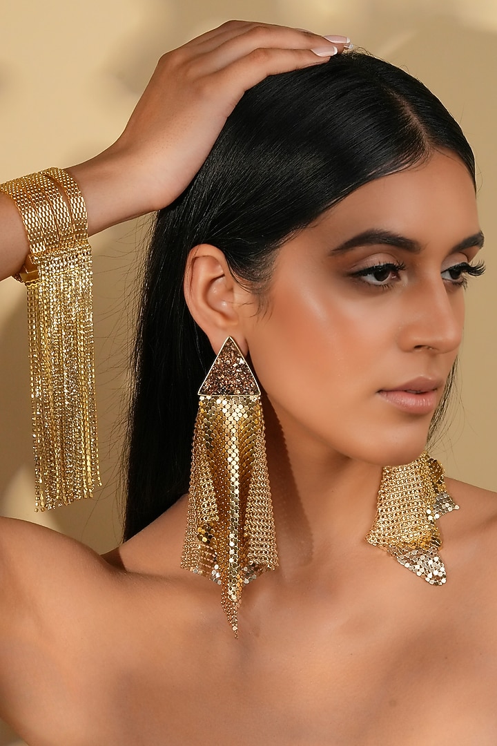 Gold Finish Crystal Mesh Tassel Dangler Earrings by Bijoux By Priya Chandna at Pernia's Pop Up Shop