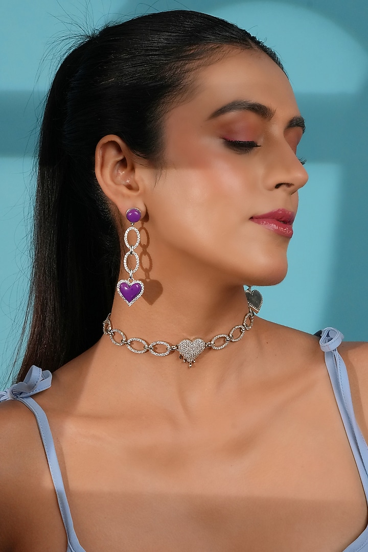 Silver Finish Crystal Enameled Heart Drop Dangler Earrings by Bijoux By Priya Chandna at Pernia's Pop Up Shop