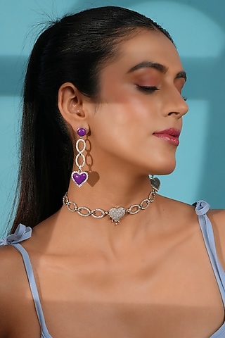 Silver Finish Crystal Enameled Heart Drop Dangler Earrings by Bijoux By Priya Chandna
