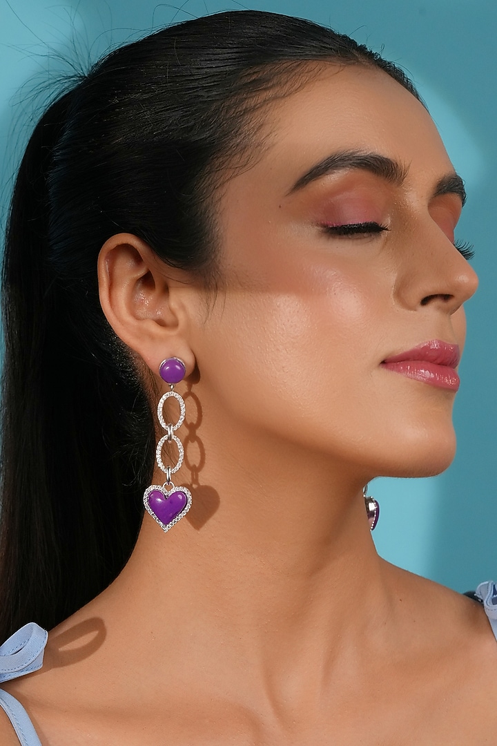 Silver Finish Crystal Enameled Heart Drop Dangler Earrings by Bijoux By Priya Chandna at Pernia's Pop Up Shop