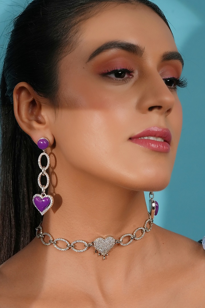 Silver Finish Crystal Enameled Heart Drop Dangler Earrings by Bijoux By Priya Chandna at Pernia's Pop Up Shop