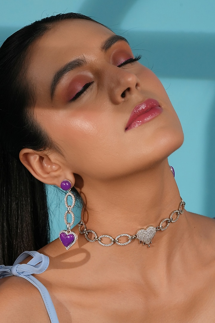 Silver Finish Crystal Enameled Heart Drop Dangler Earrings by Bijoux By Priya Chandna at Pernia's Pop Up Shop