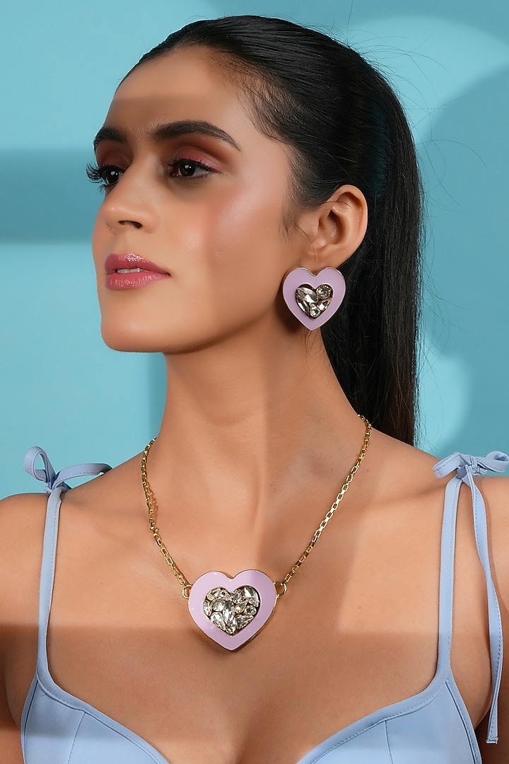 Gold Finish Crystal Purple Enameled Heart Stud Earrings by Bijoux By Priya Chandna at Pernia's Pop Up Shop