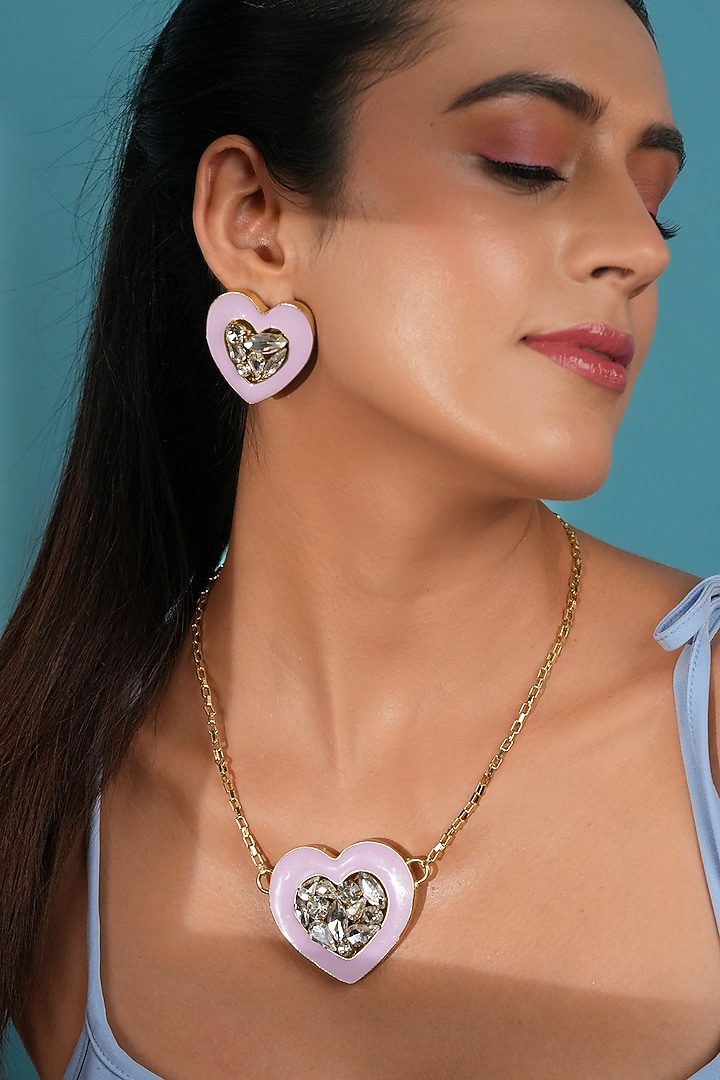 Gold Finish Crystal Purple Enameled Heart Stud Earrings by Bijoux By Priya Chandna at Pernia's Pop Up Shop