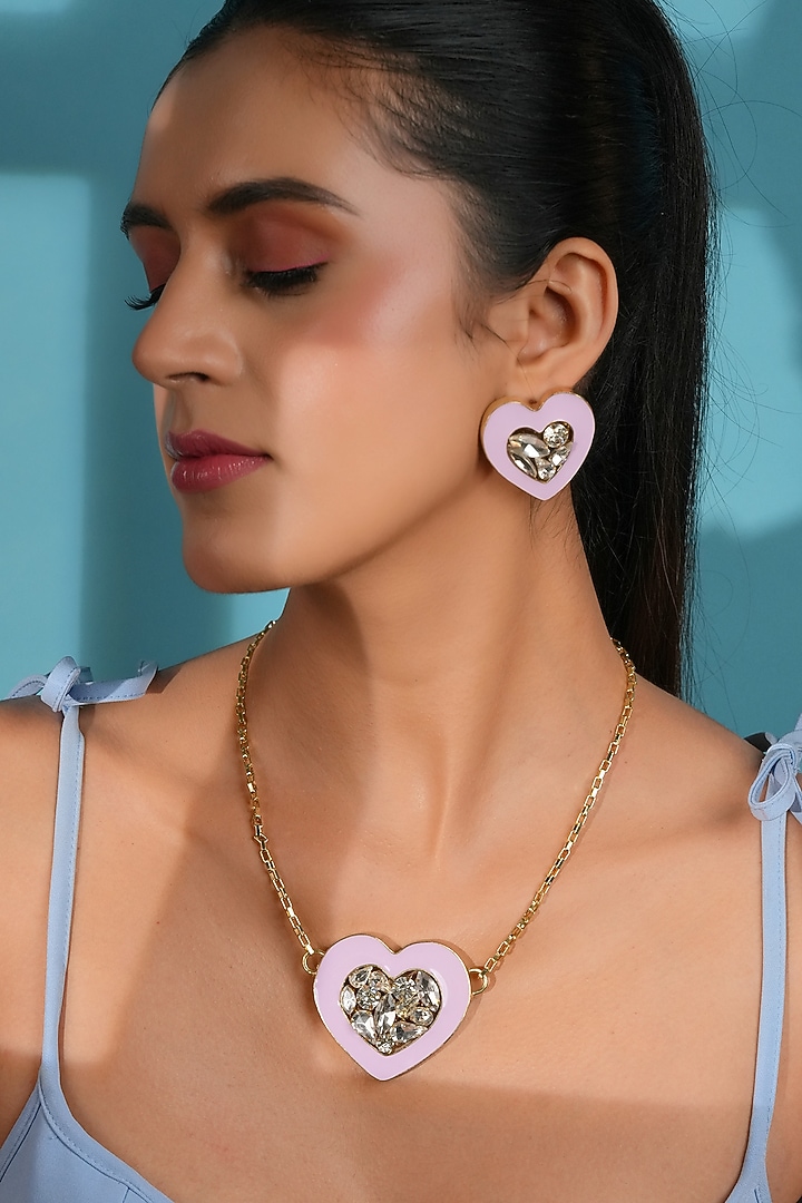 Gold Finish Crystal Purple Enameled Heart Stud Earrings by Bijoux By Priya Chandna at Pernia's Pop Up Shop
