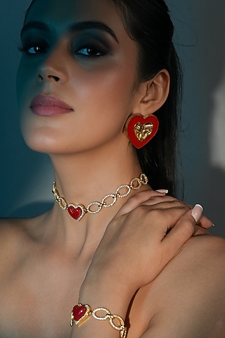 Gold Finish Crystal Red Enameled Heart Stud Earrings by Bijoux By Priya Chandna