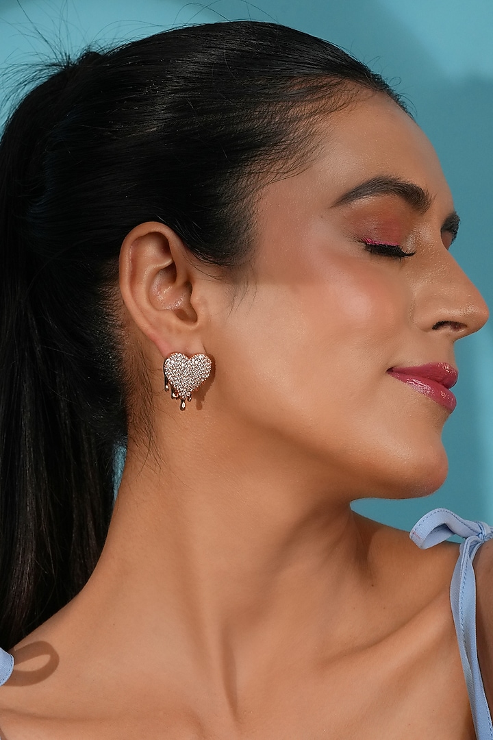 Rose Gold Finish Crystal Heart Stud Earrings by Bijoux By Priya Chandna at Pernia's Pop Up Shop