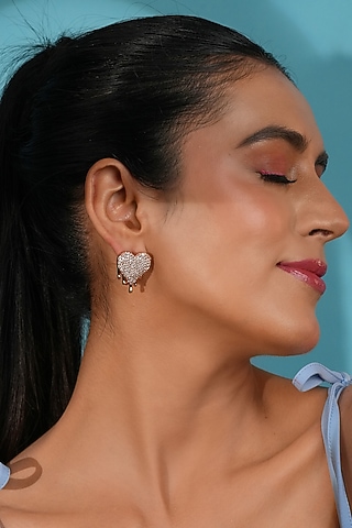 Rose Gold Finish Crystal Heart Stud Earrings by Bijoux By Priya Chandna