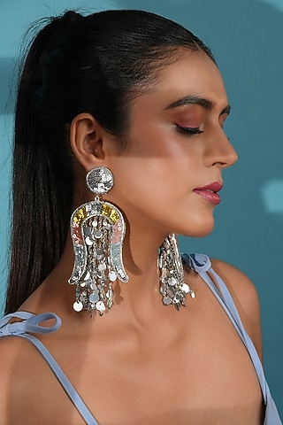 Silver Finish Mirror & Sequins Dangler Earrings by Bijoux By Priya Chandna