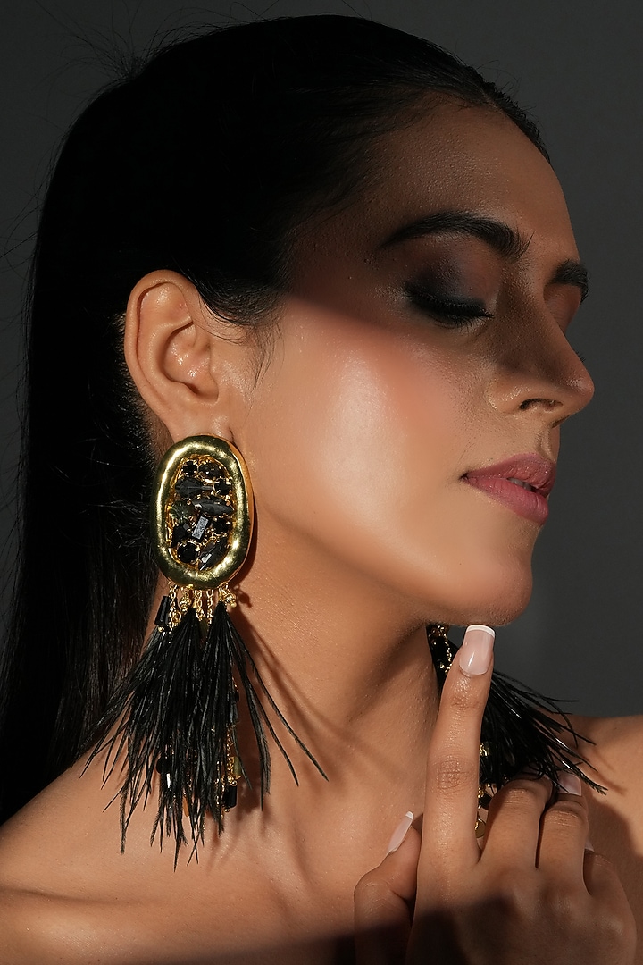 Gold Finish Black Feather & Crystal Dangler Earrings by Bijoux By Priya Chandna at Pernia's Pop Up Shop