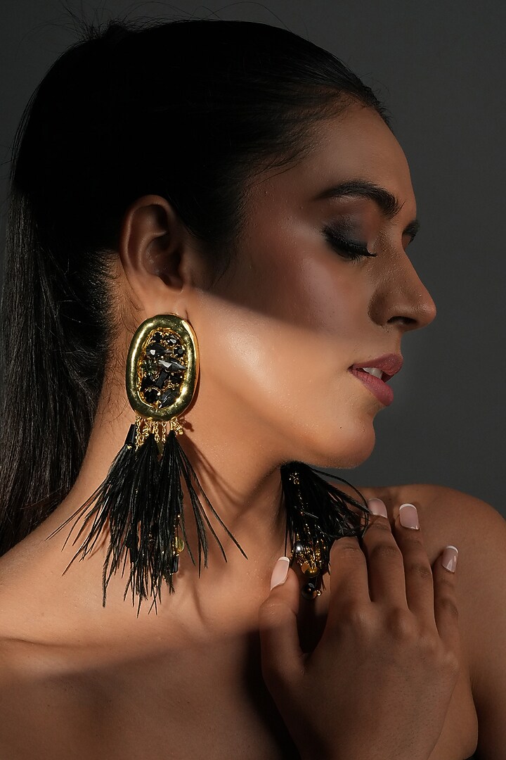 Gold Finish Black Feather & Crystal Dangler Earrings by Bijoux By Priya Chandna at Pernia's Pop Up Shop